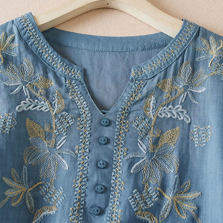 Camisa de algodón de manga corta con cuello en V y diseño de plantas bordadas informales con Buddha Stones para mujer - image 17