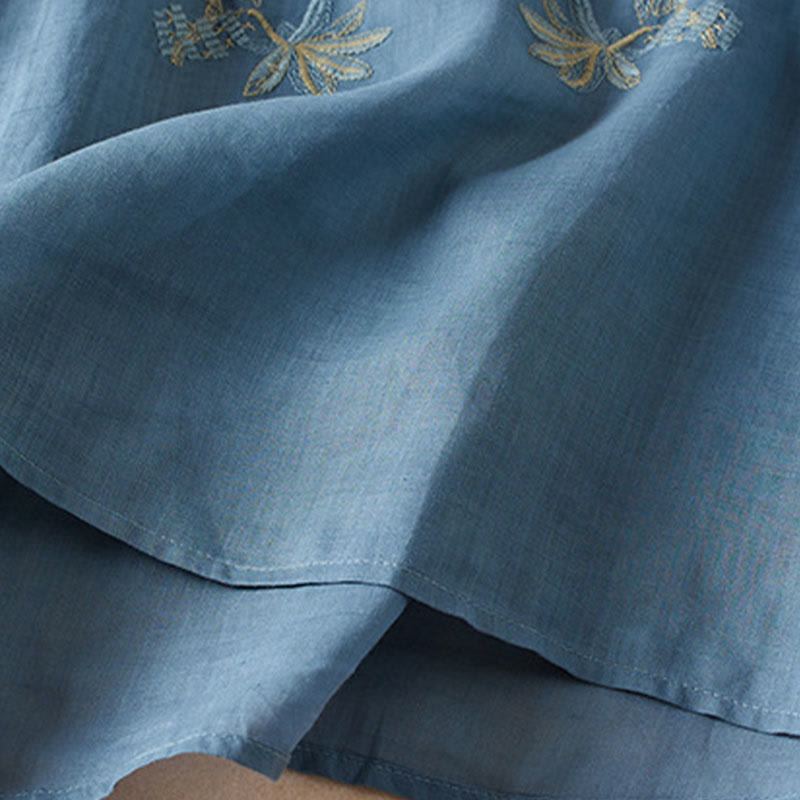 Camisa de algodón de manga corta con cuello en V y diseño de plantas bordadas informales con Buddha Stones para mujer - image 18