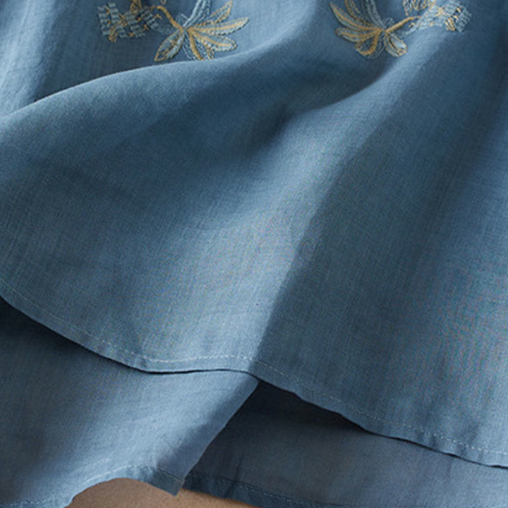 Camisa de algodón de manga corta con cuello en V y diseño de plantas bordadas informales con Buddha Stones para mujer - image 18