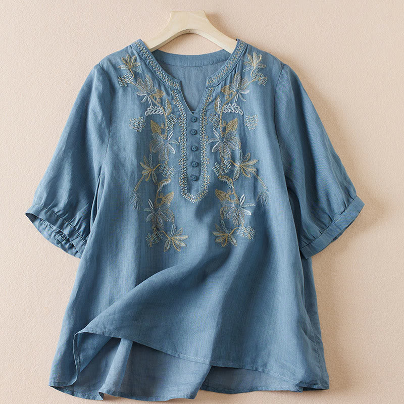 Camisa de algodón de manga corta con cuello en V y diseño de plantas bordadas informales con Buddha Stones para mujer - Azul acero - US8-10，UK/AU12-14，EU40-42 (2XL) - image 15