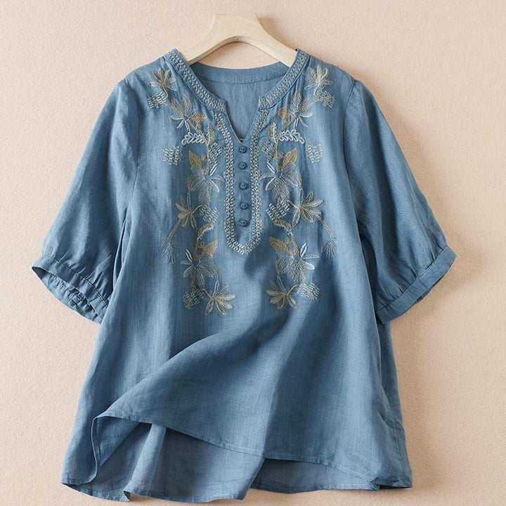 Camisa de algodón de manga corta con cuello en V y diseño de plantas bordadas informales con Buddha Stones para mujer - Azul acero - US8-10，UK/AU12-14，EU40-42 (2XL) - image 15