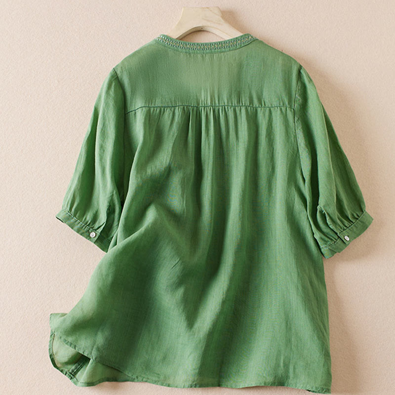 Camisa de algodón de manga corta con cuello en V y diseño de plantas bordadas informales con Buddha Stones para mujer - image 23