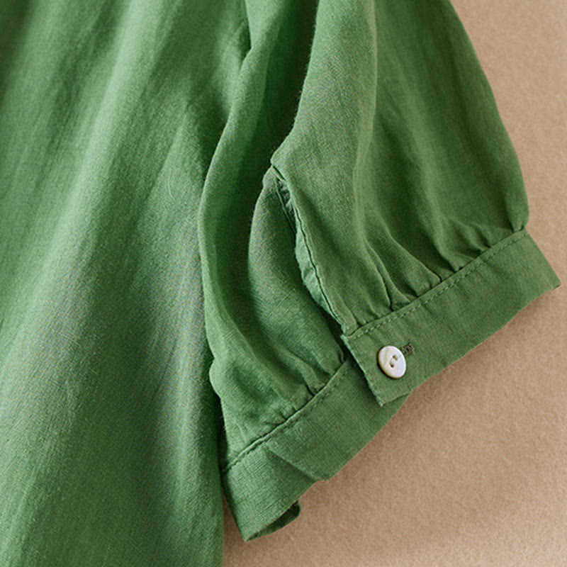 Camisa de algodón de manga corta con cuello en V y diseño de plantas bordadas informales con Buddha Stones para mujer - image 25