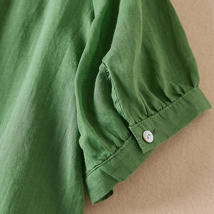 Camisa de algodón de manga corta con cuello en V y diseño de plantas bordadas informales con Buddha Stones para mujer - image 25