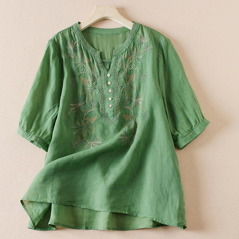 Camisa de algodón de manga corta con cuello en V y diseño de plantas bordadas informales con Buddha Stones para mujer - Verde mar medio - US8-10，UK/AU12-14，EU40-42 (2XL) - image 22