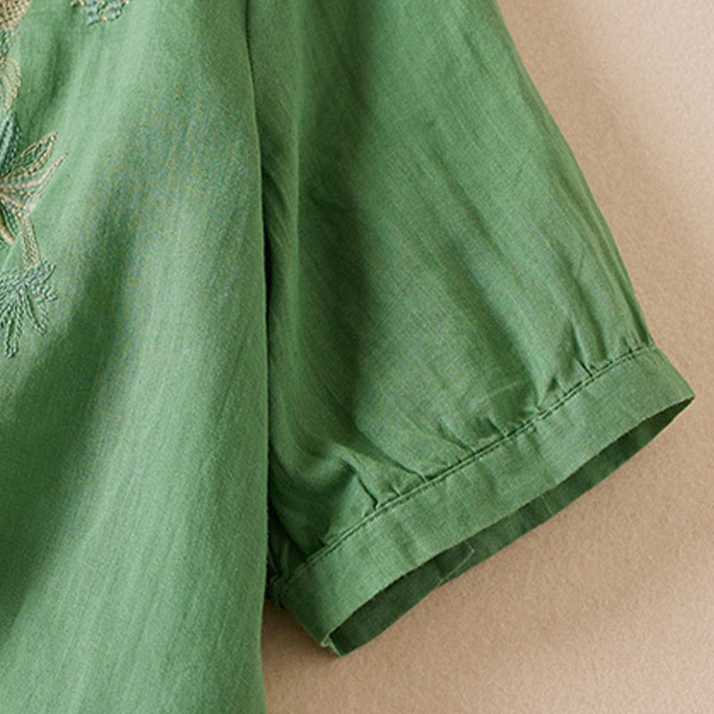 Camisa de algodón de manga corta con cuello en V y diseño de plantas bordadas informales con Buddha Stones para mujer - image 27