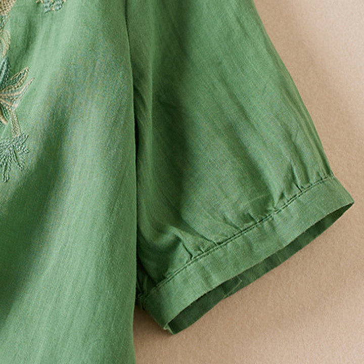 Camisa de algodón de manga corta con cuello en V y diseño de plantas bordadas informales con Buddha Stones para mujer - image 27