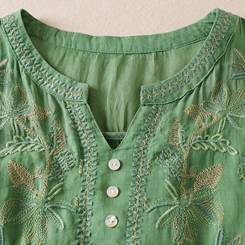 Camisa de algodón de manga corta con cuello en V y diseño de plantas bordadas informales con Buddha Stones para mujer - image 24