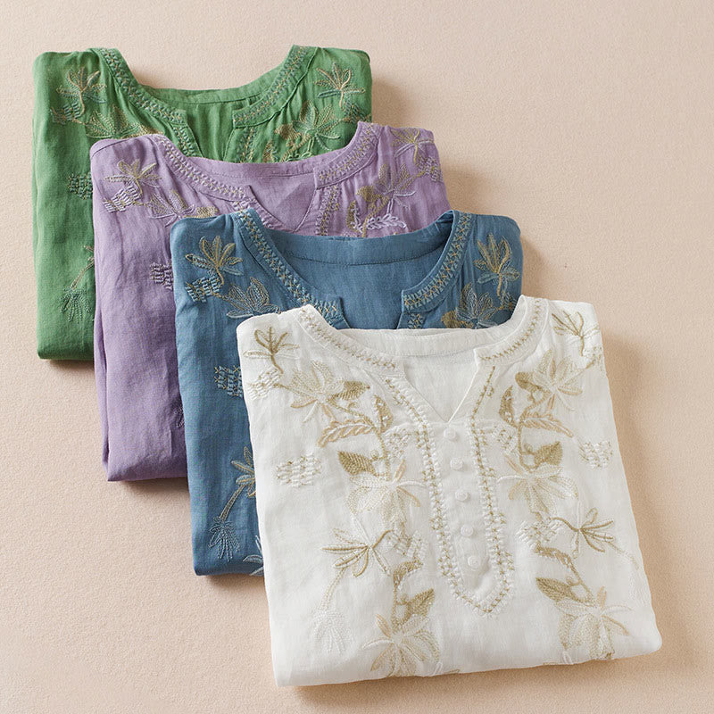 Camisa de algodón de manga corta con cuello en V y diseño de plantas bordadas informales con Buddha Stones para mujer - image 29