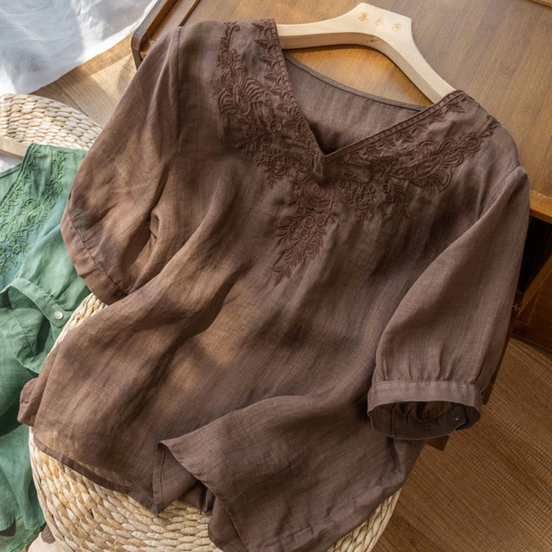 Camisa de algodón de media manga con cuello en V y diseño floral con bordado informal de Buddha Stones para mujer - image 3