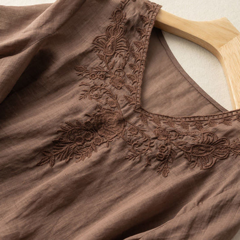 Camisa de algodón de media manga con cuello en V y diseño floral con bordado informal de Buddha Stones para mujer - image 2