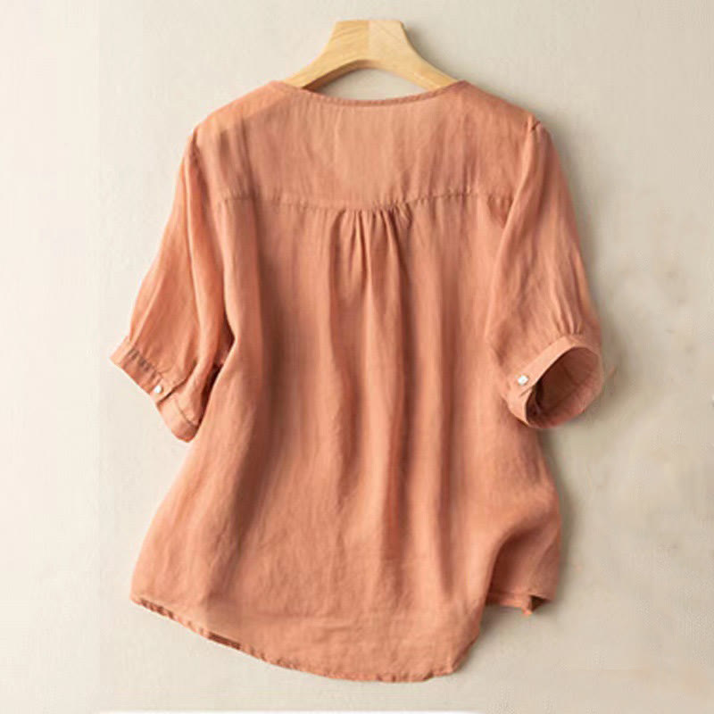 Camisa de algodón de media manga con cuello en V y diseño floral con bordado informal de Buddha Stones para mujer - image 7