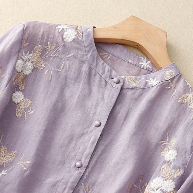 Camisa tipo cárdigan de algodón de media manga con diseño de cuello redondo y diseño informal de pétalos bordados con piedras de Buddha Stones y organza para mujer - image 1