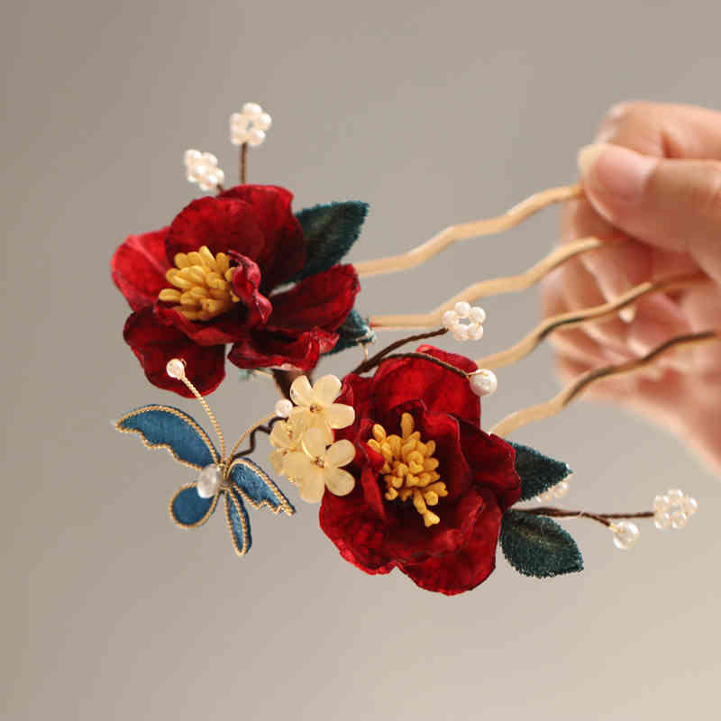 Pinza para el pelo con forma de mariposa, camelia roja, estilo chino, con Buddha Stones , peine, horquilla, accesorio para el pelo