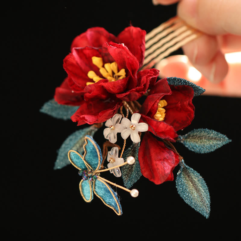 Pinza para el pelo con forma de mariposa, camelia roja, estilo chino, con Buddha Stones , peine, horquilla, accesorio para el pelo