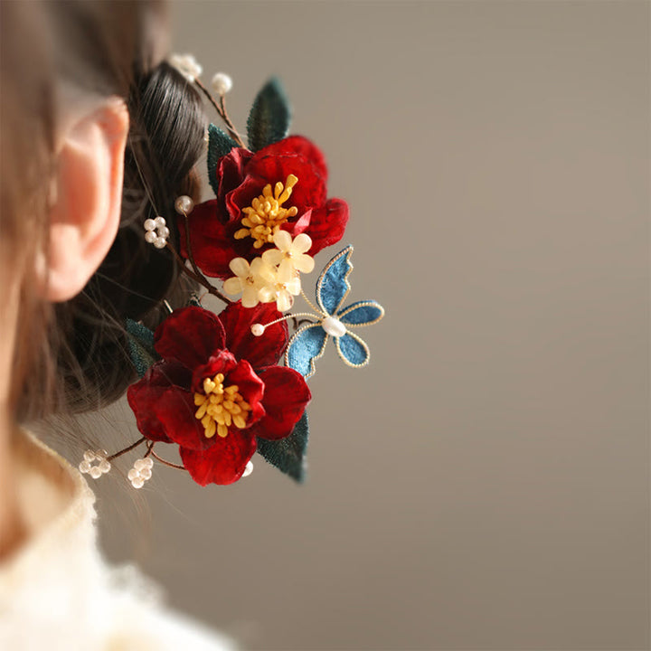 Pinza para el pelo con forma de mariposa, camelia roja, estilo chino, con Buddha Stones , peine, horquilla, accesorio para el pelo