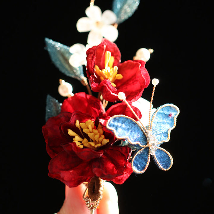 Pinza para el pelo con forma de mariposa, camelia roja, estilo chino, con Buddha Stones , peine, horquilla, accesorio para el pelo