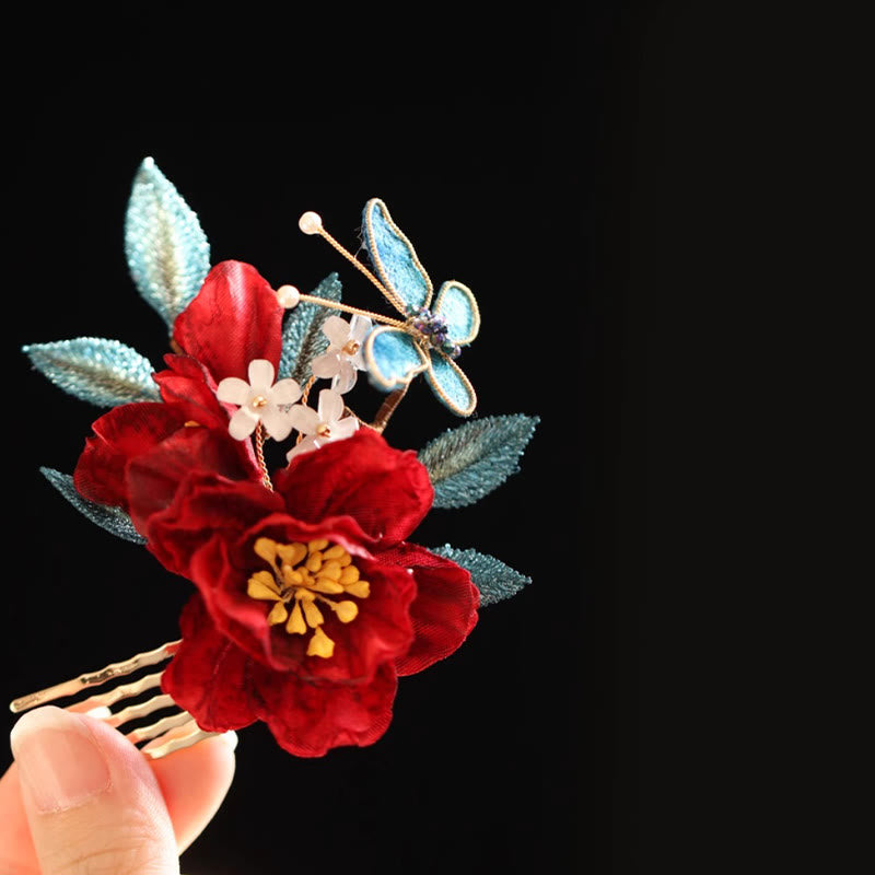 Pinza para el pelo con forma de mariposa, camelia roja, estilo chino, con Buddha Stones , peine, horquilla, accesorio para el pelo