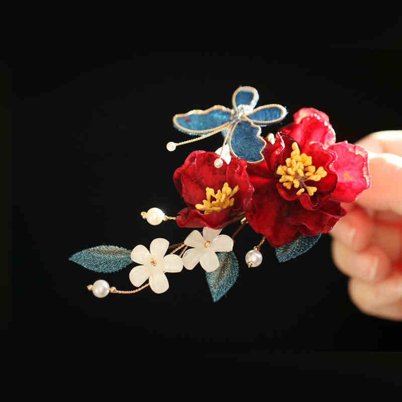 Pinza para el pelo con forma de mariposa, camelia roja, estilo chino, con Buddha Stones , peine, horquilla, accesorio para el pelo