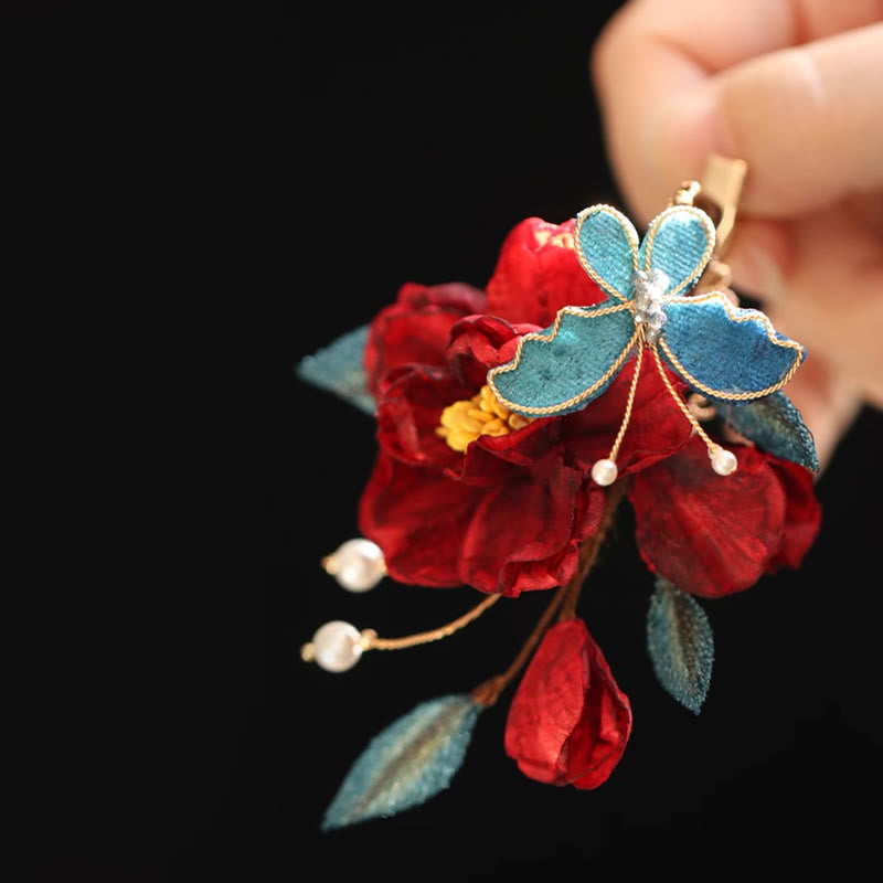 Pinza para el pelo con forma de mariposa, camelia roja, estilo chino, con Buddha Stones , peine, horquilla, accesorio para el pelo