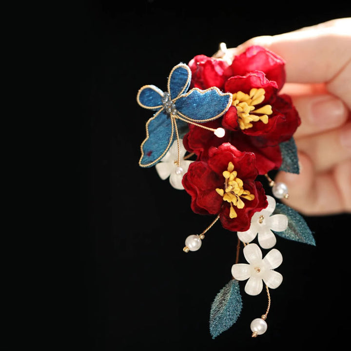 Pinza para el pelo con forma de mariposa, camelia roja, estilo chino, con Buddha Stones , peine, horquilla, accesorio para el pelo