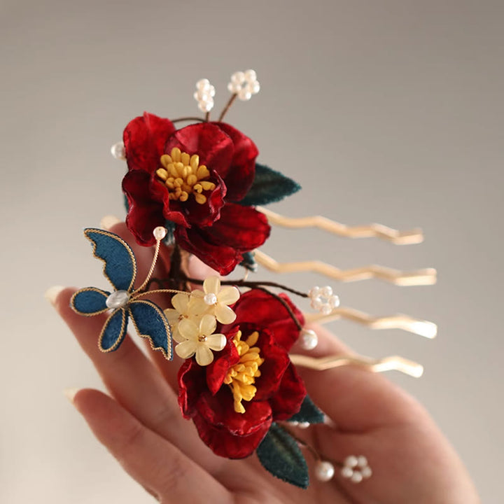 Pinza para el pelo con forma de mariposa, camelia roja, estilo chino, con Buddha Stones , peine, horquilla, accesorio para el pelo