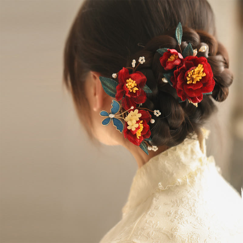 Pinza para el pelo con forma de mariposa, camelia roja, estilo chino, con Buddha Stones , peine, horquilla, accesorio para el pelo