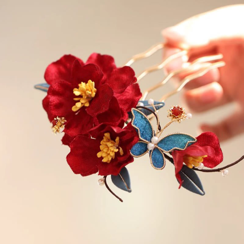 Pinza para el pelo con forma de mariposa, camelia roja, estilo chino, con Buddha Stones , peine, horquilla, accesorio para el pelo