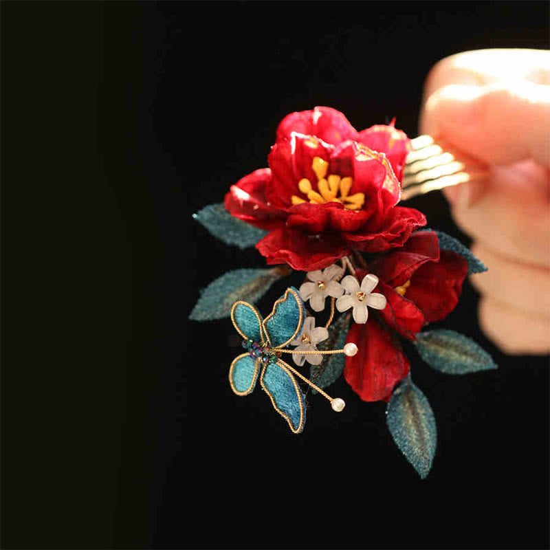 Pinza para el pelo con forma de mariposa, camelia roja, estilo chino, con Buddha Stones , peine, horquilla, accesorio para el pelo