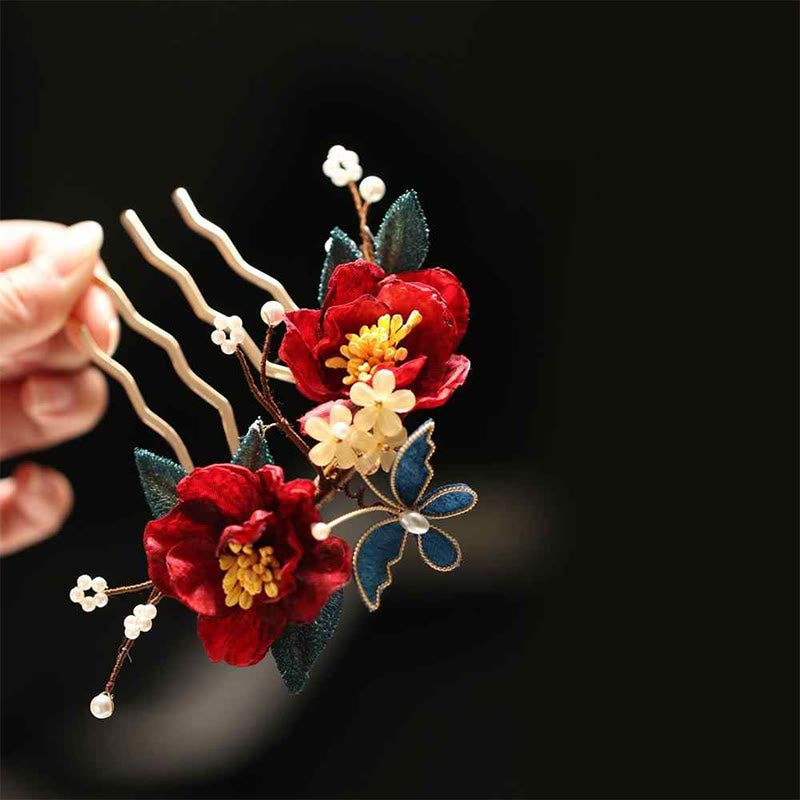 Pinza para el pelo con forma de mariposa, camelia roja, estilo chino, con Buddha Stones , peine, horquilla, accesorio para el pelo