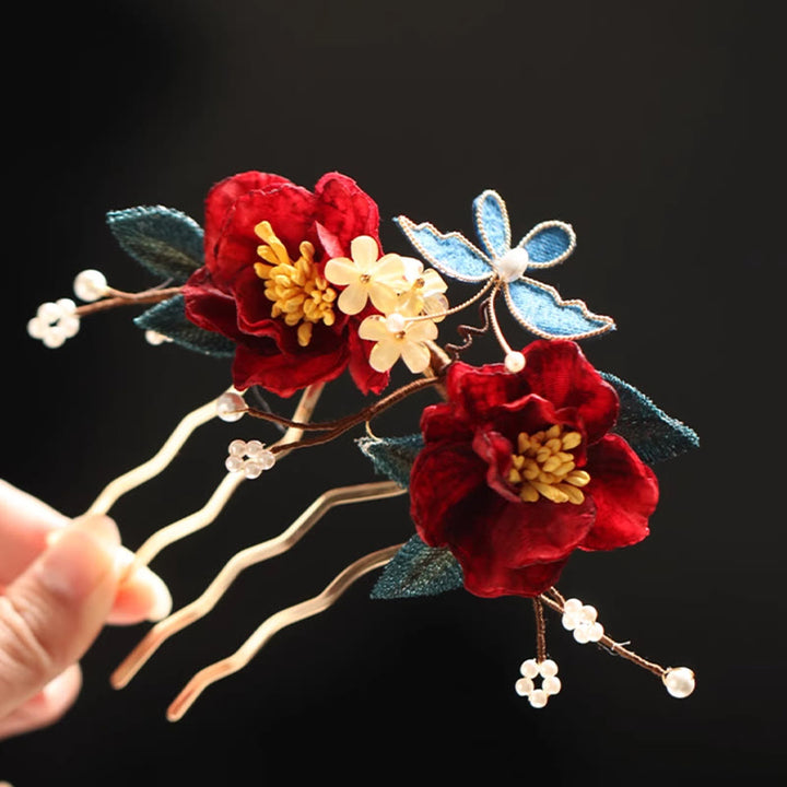 Pinza para el pelo con forma de mariposa, camelia roja, estilo chino, con Buddha Stones , peine, horquilla, accesorio para el pelo