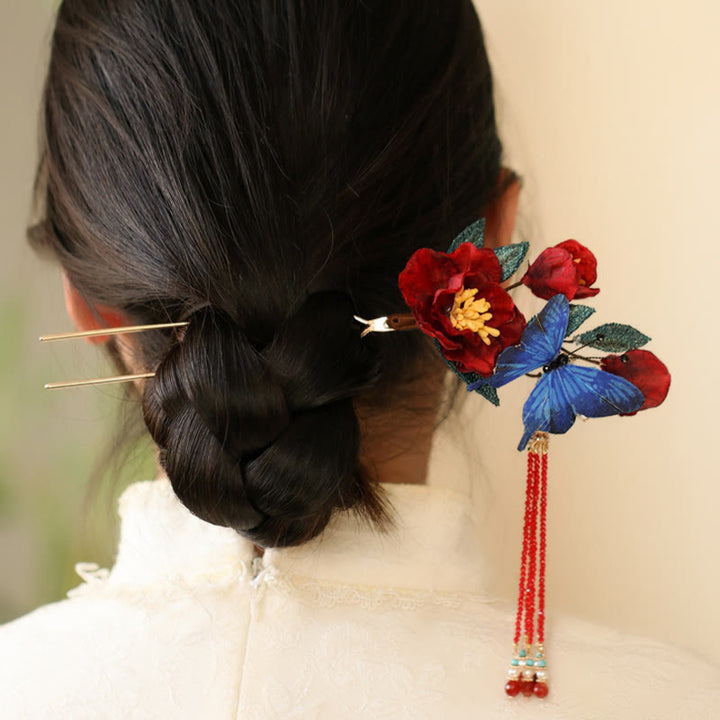 Horquilla de estilo chino clásico con Buddha Stones , flor roja y mariposa azul