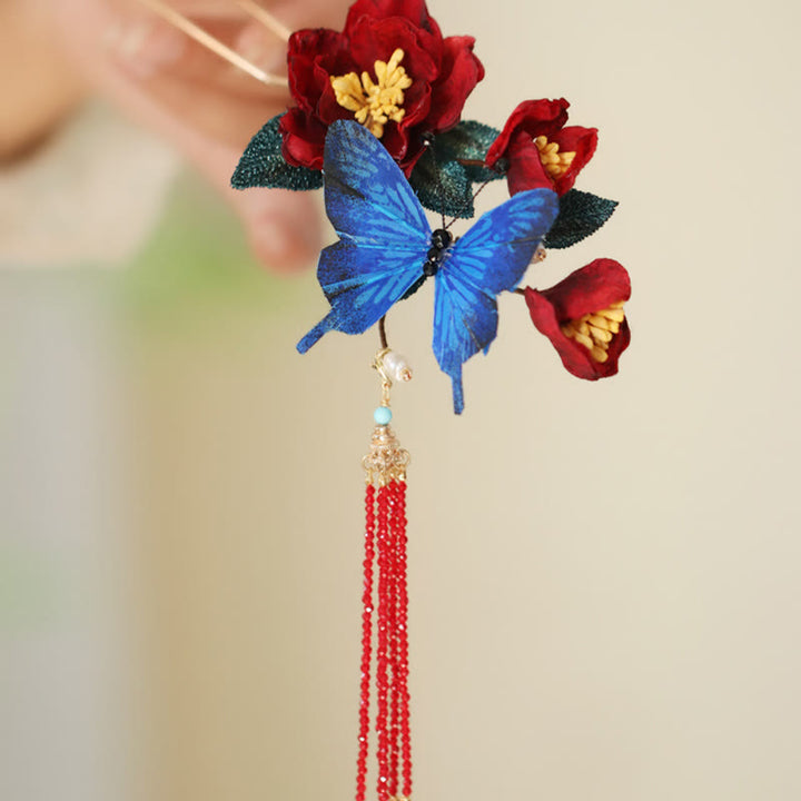 Horquilla de estilo chino clásico con Buddha Stones , flor roja y mariposa azul
