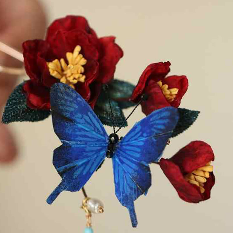 Horquilla de estilo chino clásico con Buddha Stones , flor roja y mariposa azul