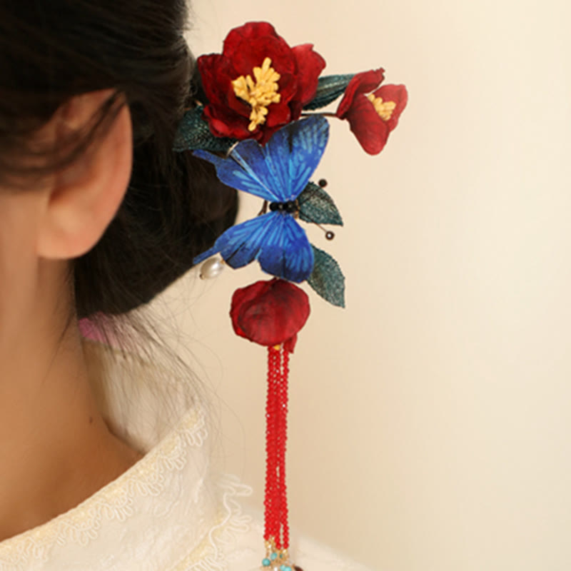 Horquilla de estilo chino clásico con Buddha Stones , flor roja y mariposa azul