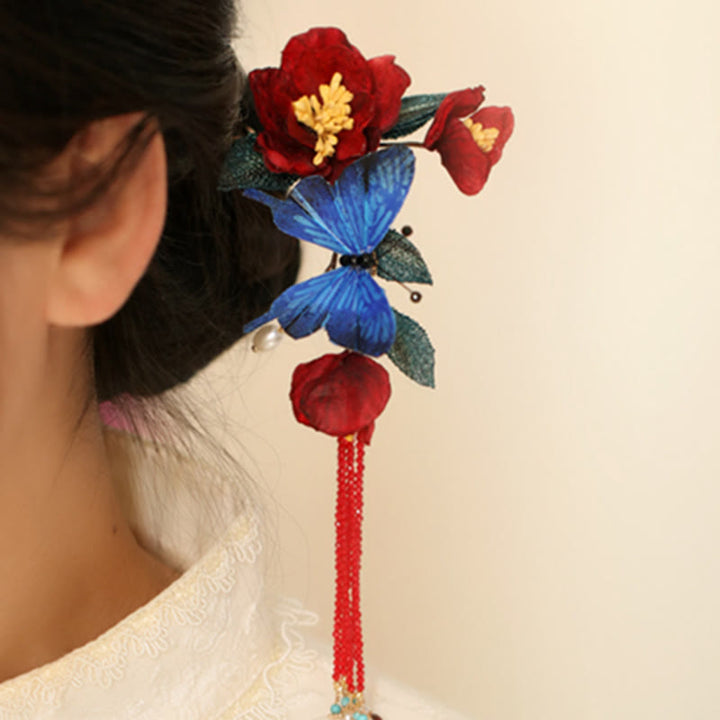 Horquilla de estilo chino clásico con Buddha Stones , flor roja y mariposa azul