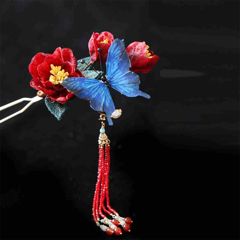 Horquilla de estilo chino clásico con Buddha Stones , flor roja y mariposa azul
