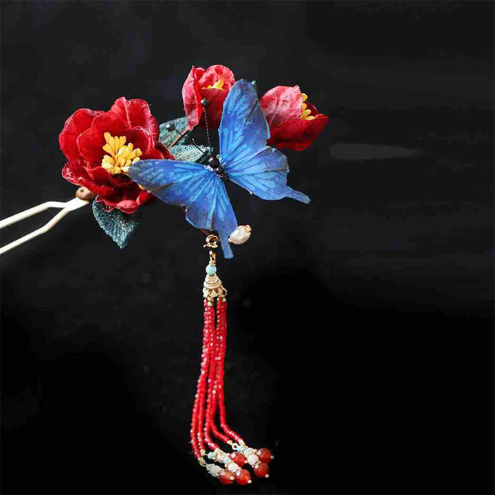 Horquilla de estilo chino clásico con Buddha Stones , flor roja y mariposa azul