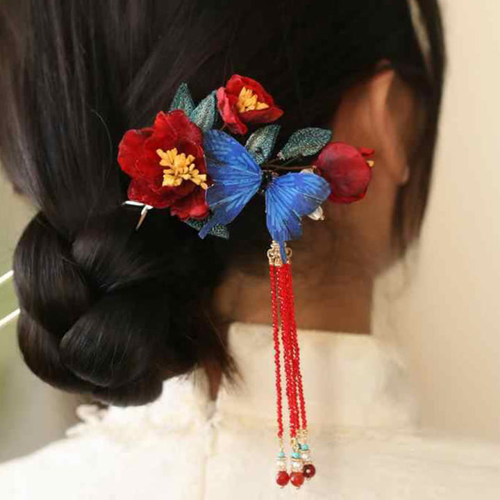 Horquilla de estilo chino clásico con Buddha Stones , flor roja y mariposa azul