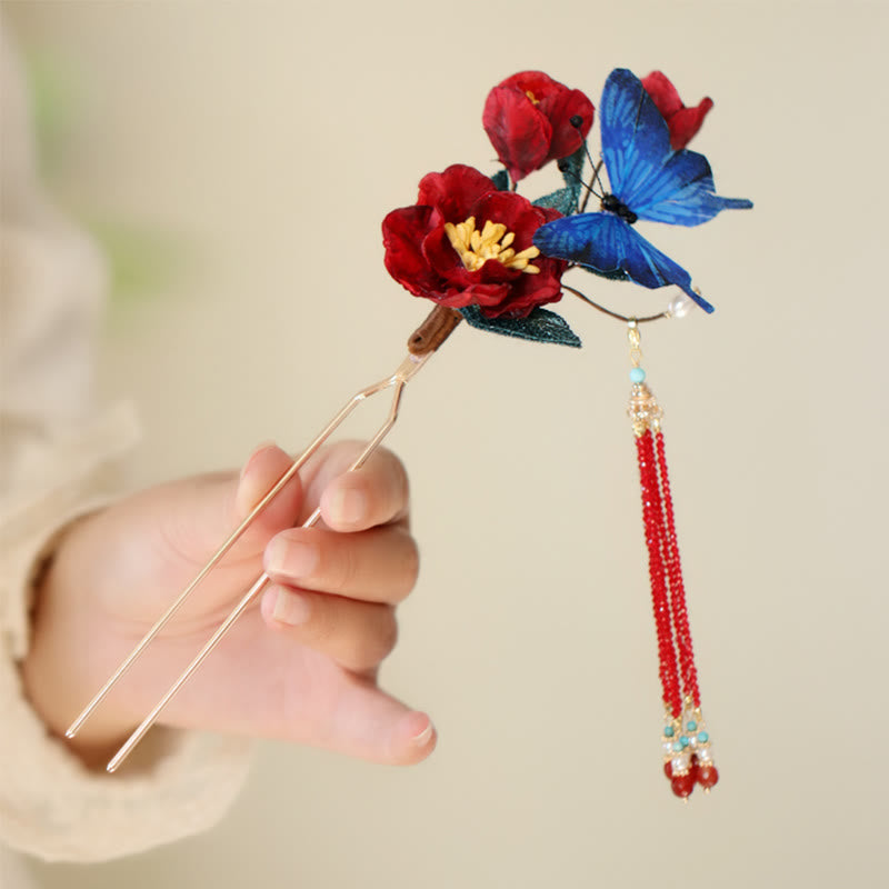 Horquilla de estilo chino clásico con Buddha Stones , flor roja y mariposa azul