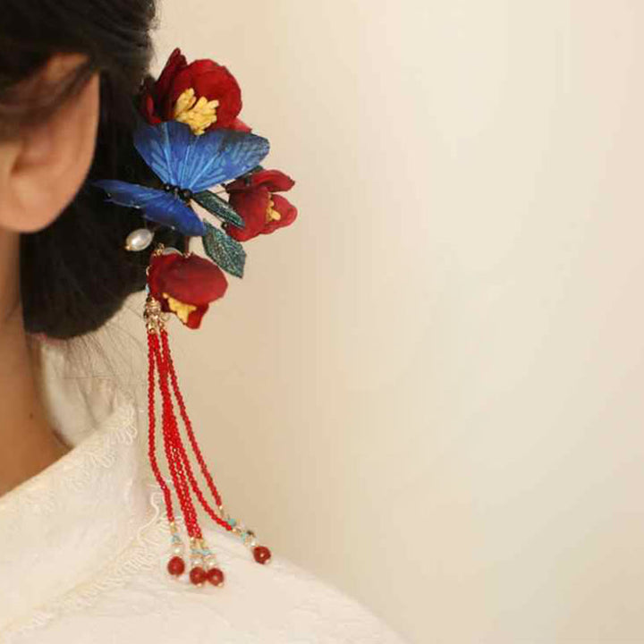 Horquilla de estilo chino clásico con Buddha Stones , flor roja y mariposa azul