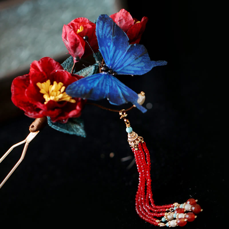 Horquilla de estilo chino clásico con Buddha Stones , flor roja y mariposa azul