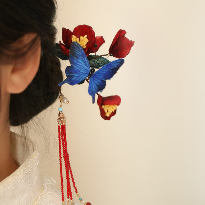 Horquilla de estilo chino clásico con Buddha Stones , flor roja y mariposa azul