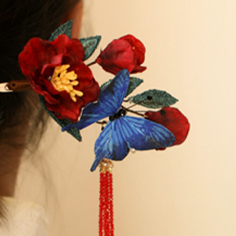 Horquilla de estilo chino clásico con Buddha Stones , flor roja y mariposa azul