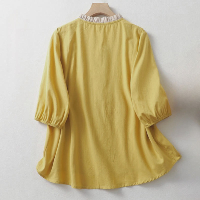 Camisa de lino y algodón de media manga con diseño de cuello con volantes y botones de rana para mujer con Buddha Stones - image 1