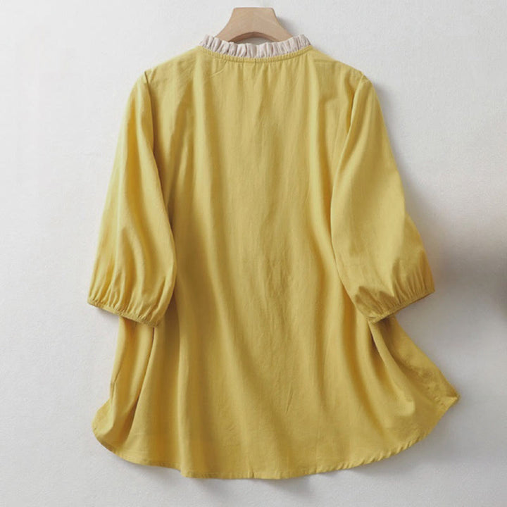 Camisa de lino y algodón de media manga con diseño de cuello con volantes y botones de rana para mujer con Buddha Stones - image 1