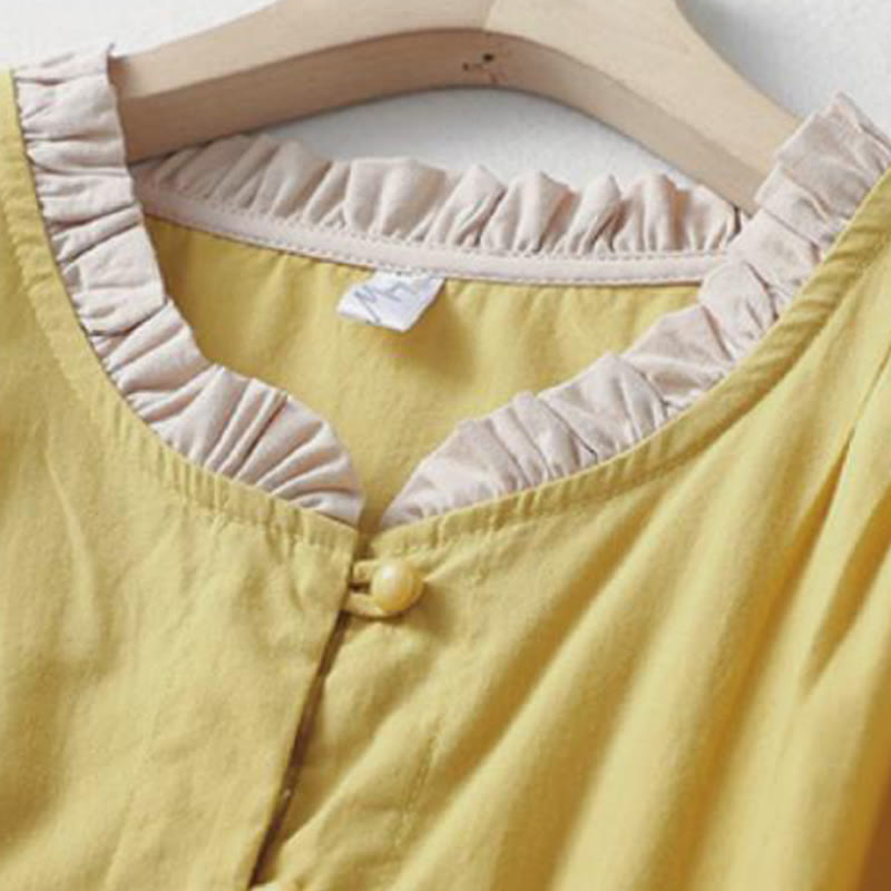 Camisa de lino y algodón de media manga con diseño de cuello con volantes y botones de rana para mujer con Buddha Stones - image 2