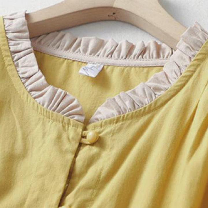 Camisa de lino y algodón de media manga con diseño de cuello con volantes y botones de rana para mujer con Buddha Stones - image 2