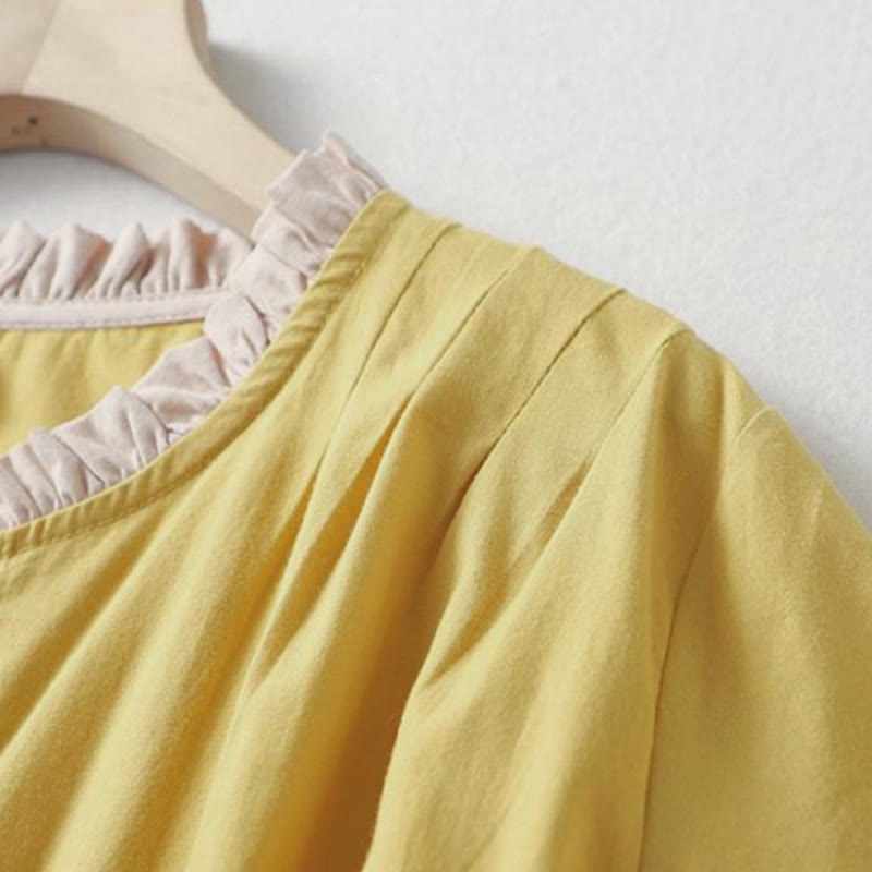 Camisa de lino y algodón de media manga con diseño de cuello con volantes y botones de rana para mujer con Buddha Stones - image 4