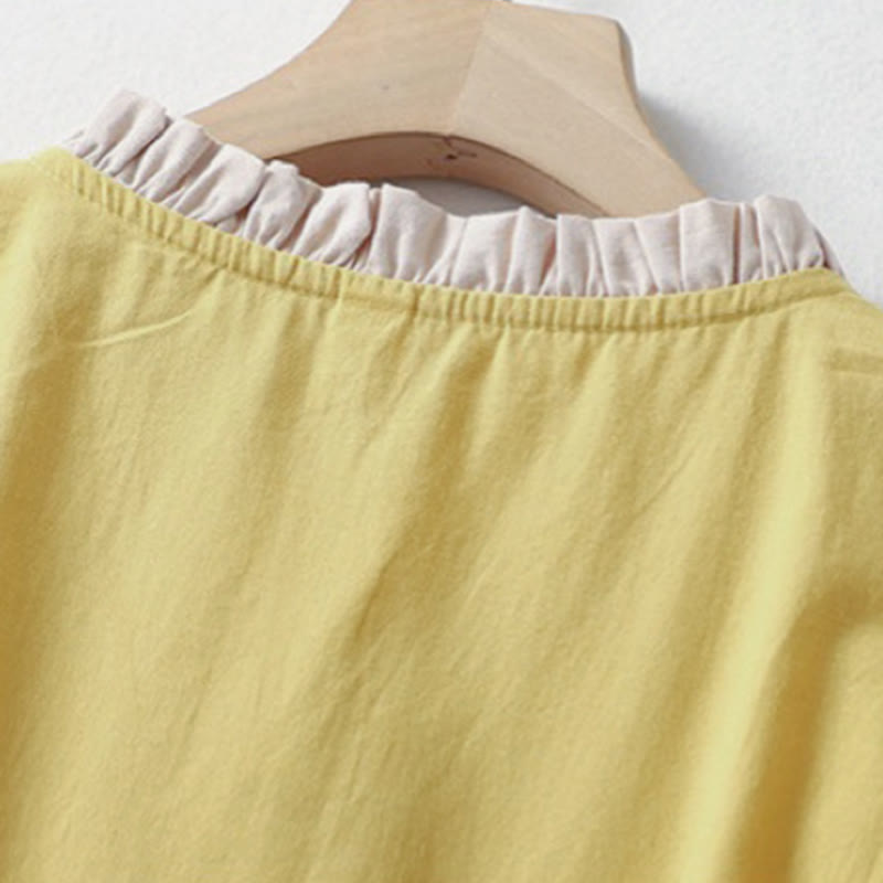 Camisa de lino y algodón de media manga con diseño de cuello con volantes y botones de rana para mujer con Buddha Stones - image 3